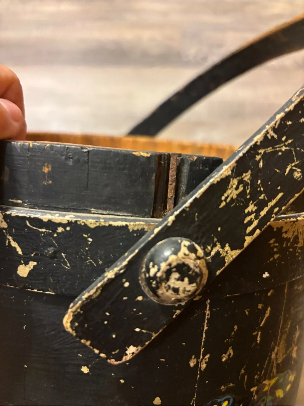 Vintage wood Firkin bucket, chippy black paint, w/ folk art design,11.25” tall